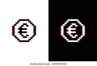 Glich Efecto Pixel Art Euro Vector Euro Moneda Icono Pixel Money Elemento para juego de 8 bits