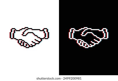 Icono de temblor de mano de píxeles de efecto enrojecido. Vector pixel art handshake 8 bit logo para el juego