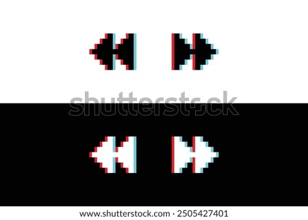 glich effect pixel Rewind and Forward icon. Vector pixel art 8 bit logo for game