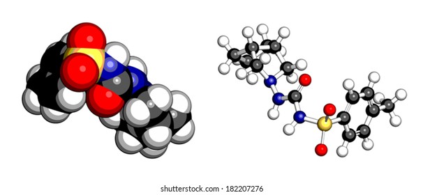 Gliclazide diabetes drug molecule. Sulfonylurea class anti-diabetic agent. Atoms are represented as spheres with conventional color coding: hydrogen (white), carbon (grey), oxygen (red), etc