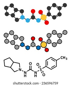 Gliclazide diabetes drug molecule. Sulfonylurea class anti-diabetic agent. Conventional skeletal formula and stylized representations.