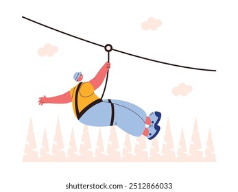 Glide down a fun zipline, extreme sports vector illustration.