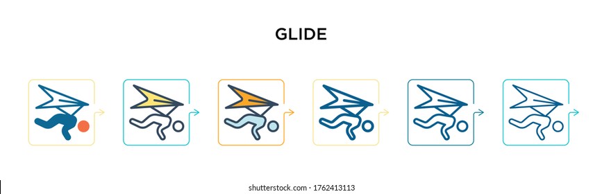 Glide vector icon in 6 different modern styles. Black, two colored glide icons designed in filled, outline, line and stroke style. Vector illustration can be used for web, mobile, ui