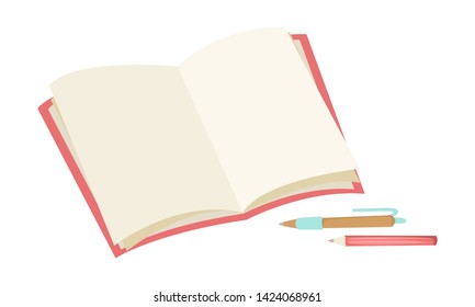 Portátil o brillante, cuaderno con páginas en blanco para su diseño y texto. Escribe un bolígrafo en el deseo del libro. Objetos aislados sobre fondo blanco. Ilustración plana de dibujos animados