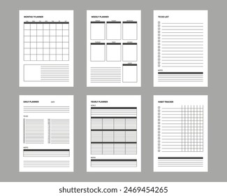 Glider. Organizer. Planner, business diary. Sheets of paper for writing goals for the day, week, month, year, to-do list, habit tracker. Reminder template. Vector set for planning