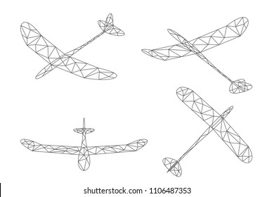 Glider plane and cloud wireframe low polygon set, Editable stroke design illustration isolated on white background, vector eps 10