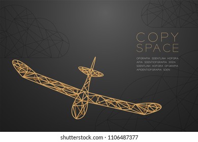 Glider plane gold color and cloud wireframe Low polygon frame structure, business travel concept design illustration isolated on black gradient background with copy space, vector eps 10