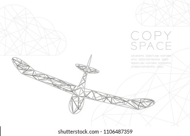 Glider plane silver color and cloud wireframe Low polygon frame structure, business travel concept design illustration isolated on black gradient background with copy space, vector eps 10