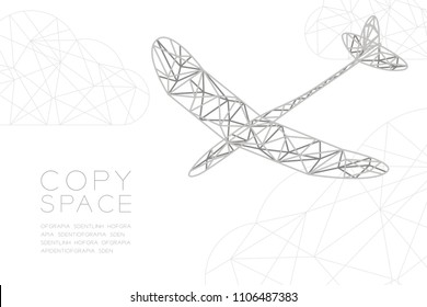 Glider plane silver color and cloud wireframe Low polygon frame structure, business travel concept design illustration isolated on black gradient background with copy space, vector eps 10