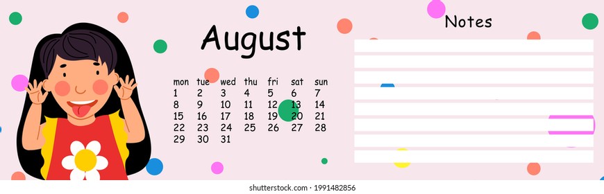 Glider wall calendar template for the year 2022 month of August.