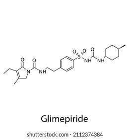 Estructura molecular de glimepirida, fórmula química esquelética plana. Medicamento sulfonilureas utilizado para tratar la diabetes tipo 2. Ilustración vectorial.