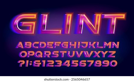 Glint alphabet font. Neon color letters and numbers with a wind effect. Stock vector typescript for your design.