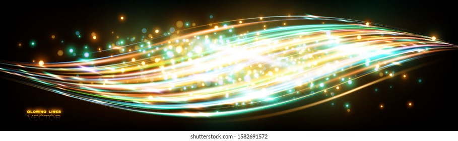 Glint cosmic rays. Power energy. Futuristic wave Flash. Magic sparks. Mystical shine streaks. Empty place. Neon wind lines. Glow effect. Beautiful light. Abstract background. Vector.