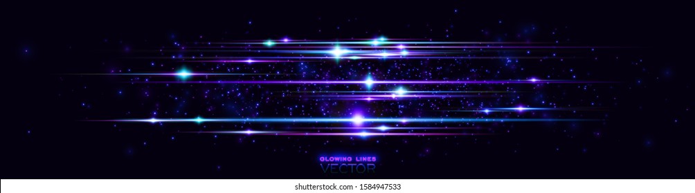 Glint cosmic rays. Power energy. Futuristic wave Flash. Magic sparks. Mystical shine streaks. Empty place. Neon wind lines. Glow effect. Beautiful light. Abstract background. Vector.