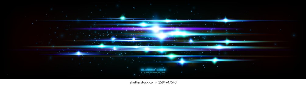 Glint cosmic rays. Power energy. Futuristic wave Flash. Magic sparks. Mystical shine streaks. Empty place. Neon wind lines. Glow effect. Beautiful light. Abstract background. Vector.