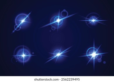 Glint glare collection with bright neon luminous effects - shining starbursts with magical sparkles, lens flares and glowing beams. Blue highlights on dark background for space or fantasy design.