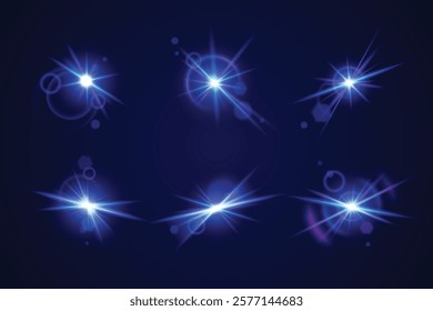 Glint glare collection with bright neon luminous effects - shining starbursts with magical sparkles, lens flares and glowing beams. Blue highlights on dark background for space or fantasy design.