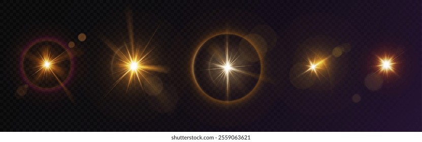 Glint and glare lighting effect set - bright sun bursts with golden radiant rays, shining star flares, circular luminous halos on transparent background. Sparkle overlays and optical highlights.