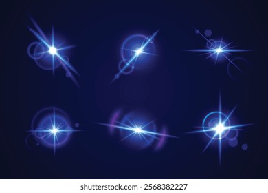 Glint and glare optical effects collection - bright blue luminous starbursts with radiant beams on dark background. Shimmering neon sparkles with lens flares, circular halos and bright bling.