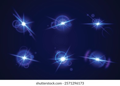 Glint and glare optical effects collection - bright blue luminous starbursts with radiant beams on dark background. Shimmering neon sparkles with lens flares, circular halos and bright bling.