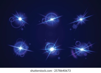 Glint and glare optical effects collection - bright blue luminous starbursts with radiant beams on dark background. Shimmering neon sparkles with lens flares, circular halos and bright bling.