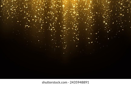 Glinting golden glitter rainfall realistic vector illustration. Sparkling confetti shower 3d design. Award ceremony luxury background