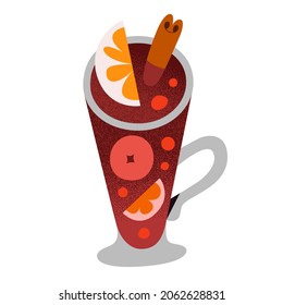 Glintwine in glass, mulled wine with spice, cinnamon stick, apple, orange fruit and berries, hand-drawn clip art, hand drawn doodle illustration, vector icon isolated on white background