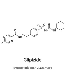 Glipizide molecular structure, flat skeletal chemical formula. Sulfonylureas drug used to treat Diabetes type 2. Vector illustration.