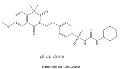 Gliquidone structure. Sulfonylurea drug molecule. Used to treat type 2 diabetes. Chemical formula.