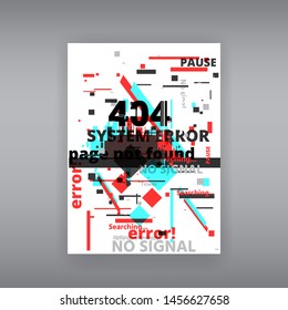 Glitch 404 page not found template. Tv distorted signal chaos, glitched effect distortion color photo dissolution and flaw glitches bug circles, vhs white noise destroyed