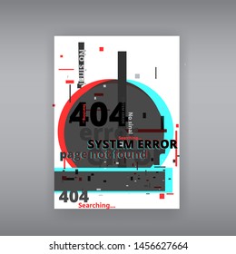 Glitch 404 page not found template. Tv distorted signal chaos, glitched effect distortion color photo dissolution and flaw glitches bug circles, vhs white noise destroyed
