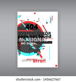 Glitch 404 page not found template. Tv distorted signal chaos, glitched effect distortion color photo dissolution and flaw glitches bug circles, vhs white noise destroyed