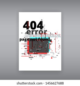 Glitch 404 page not found template. Tv distorted signal chaos, glitched effect distortion color photo dissolution and flaw glitches bug circles, vhs white noise destroyed