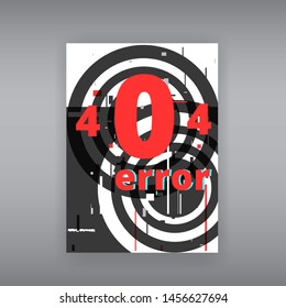 Glitch 404 page not found template. Tv distorted signal chaos, glitched effect distortion color photo dissolution and flaw glitches bug circles, vhs white noise destroyed