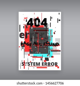 Glitch 404 page not found template. Tv distorted signal chaos, glitched effect distortion color photo dissolution and flaw glitches bug circles, vhs white noise destroyed