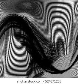 Glitch abstract background with distortion effect, bug, error, random wave black and white, monochrome lines for design concepts, posters, wallpapers, presentations and prints. Vector illustration.