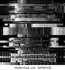 Glitch abstract background with distortion effect, bug, error, random horizontal black and white, monochrome lines for design concepts, posters, wallpapers, presentations, prints. Vector illustration.