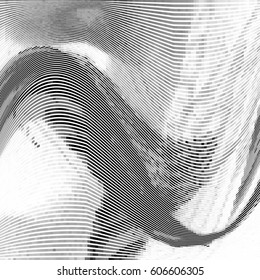 Glitch abstract background with distortion effect, random wave black and white, monochrome lines. Vector illustration.
