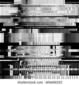 Glitch abstract background with distortion effect, random horizontal black and white, monochrome lines. Vector illustration.