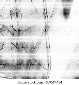 Glitch abstract background with distortion effect, bug, error, random black and white, monochrome pixel texture for design concepts, posters, wallpapers, presentations and prints. Vector illustration.