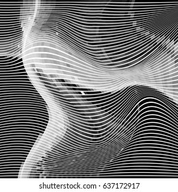 Glitch abstract background with distortion effect, random wave black and white, monochrome lines. Vector illustration.