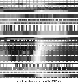 Glitch abstract background with distortion effect, bug, error, random horizontal black and white, monochrome lines. Vector illustration.
