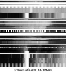Glitch abstract background with distortion effect, bug, error, random horizontal black and white, monochrome lines. Vector illustration.