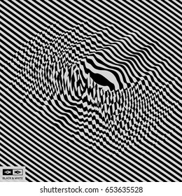 Glitch abstract background. Distortion effect, bug and error. Black and white design. Pattern with optical illusion. 3D vector illustration.