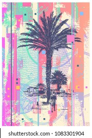 Glitch Abstract Background Resort Landscape With Palm Tree And Girl Walking To The Beach. Vector Illustration.