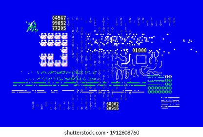 Glitch abstract shapes. System error with random numbers. Computer screen with broken code. Cyber security concept. Hacker attack or virus visualization. Vector illustration.