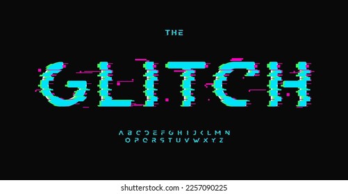 Glitch alphabet, digital distorted sans serif letters, display error font for techno logo, cinematic headline, loss connect graphic effect typography, game design. Vector typographic design.
