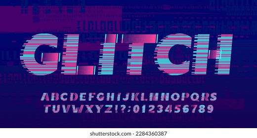 Glitch alphabet font. Digital distort letters and numbers on a glitched background. Vector typeface for your design.