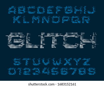 Glitch alphabet font. Digital pixel letters and numbers. 80s retro arcade video game typeface.