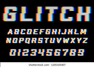 Glitch alphabet. Font with distortion effect.  Letters and numbers for electronics sale. Glitch effect. Green and red channels.